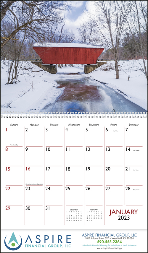 Covered Wooden Bridges in America Spiral Bound Wall Calendar for 2023
